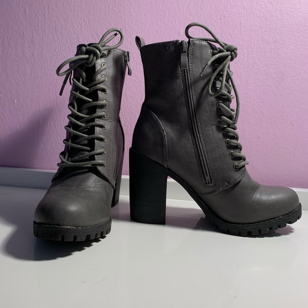 Grey Combat Boots with Block Heel